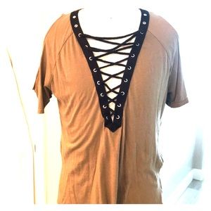 Tan olive cold shoulder deep v neck top